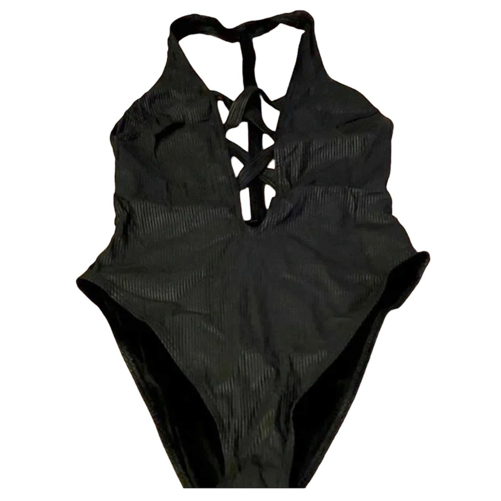 Asos Black One Piece Lattice T-Strap Back Swimsuit